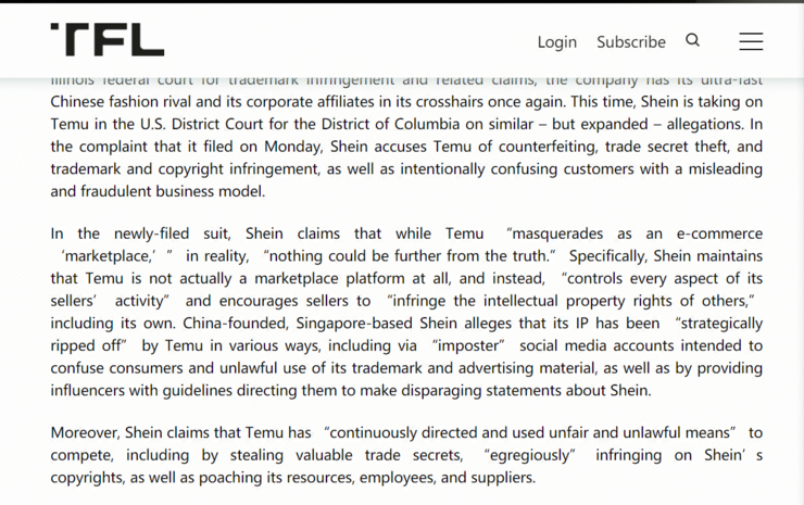 持续大规模侵犯SHEIN自主品牌  SHEIN提起对TEMU不正当竞争诉讼